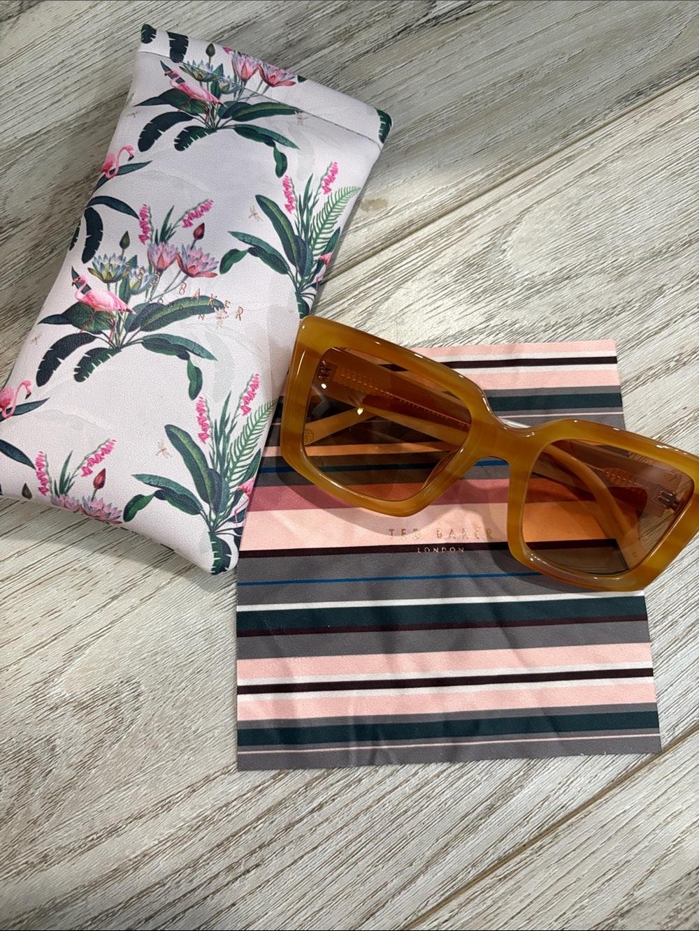 Ted Baker Amber-Tone Square Sunglasses with Pink Striped Cloth